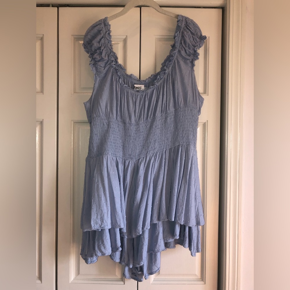 Princess Polly,Love Galore,blue off the shoulder shirred waist ruffle romper, 18 - Picture 2 of 12
